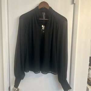 Anthropologie Black Blouse 10 Sheer Long Sleeve Fabric Buttons Lined NWT $98